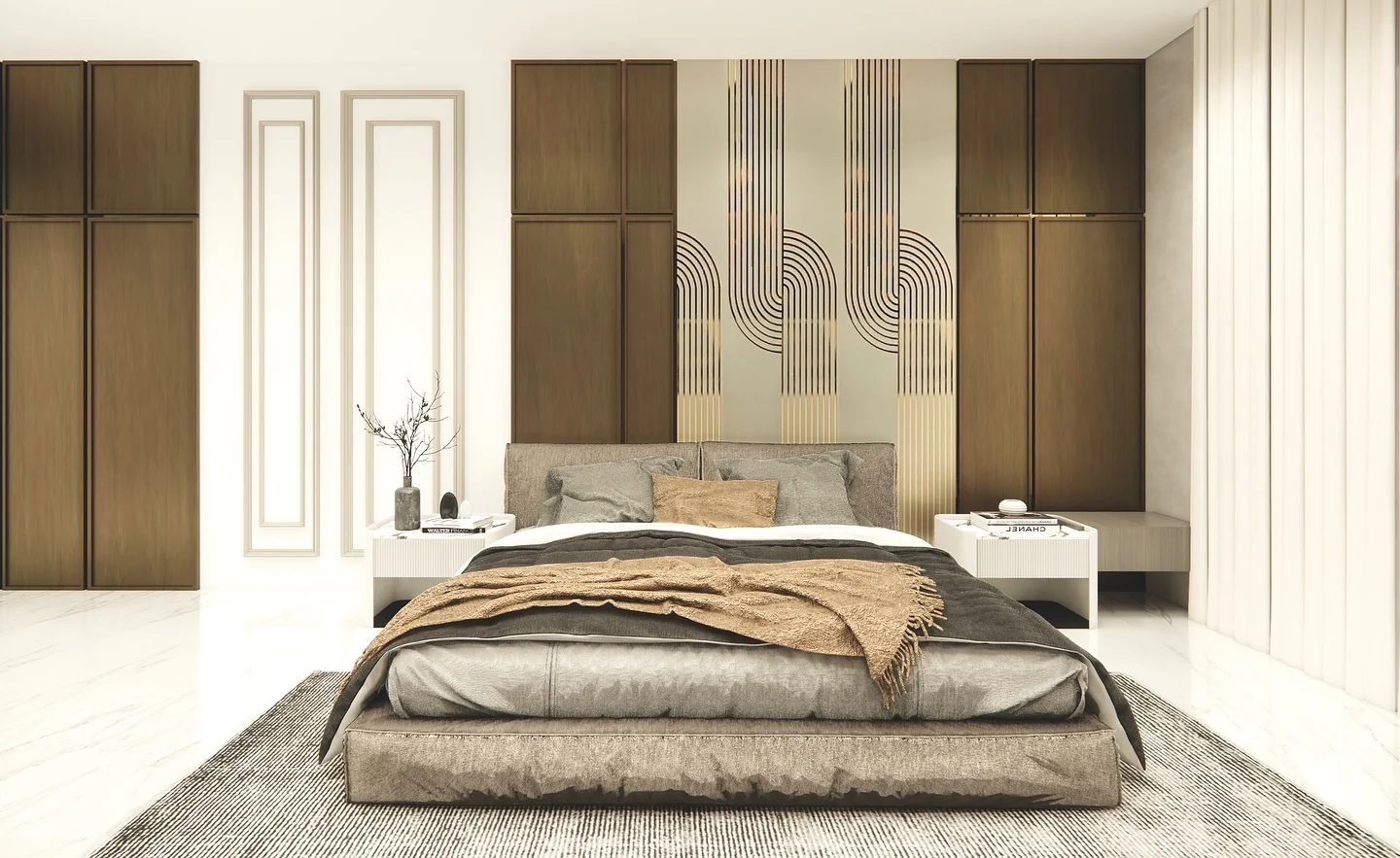Bedroom with a warm timber panel wall