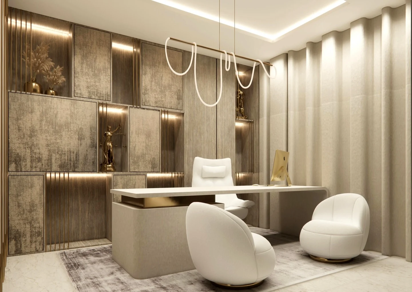 Warm contemporary office with brass details and layered wall panels