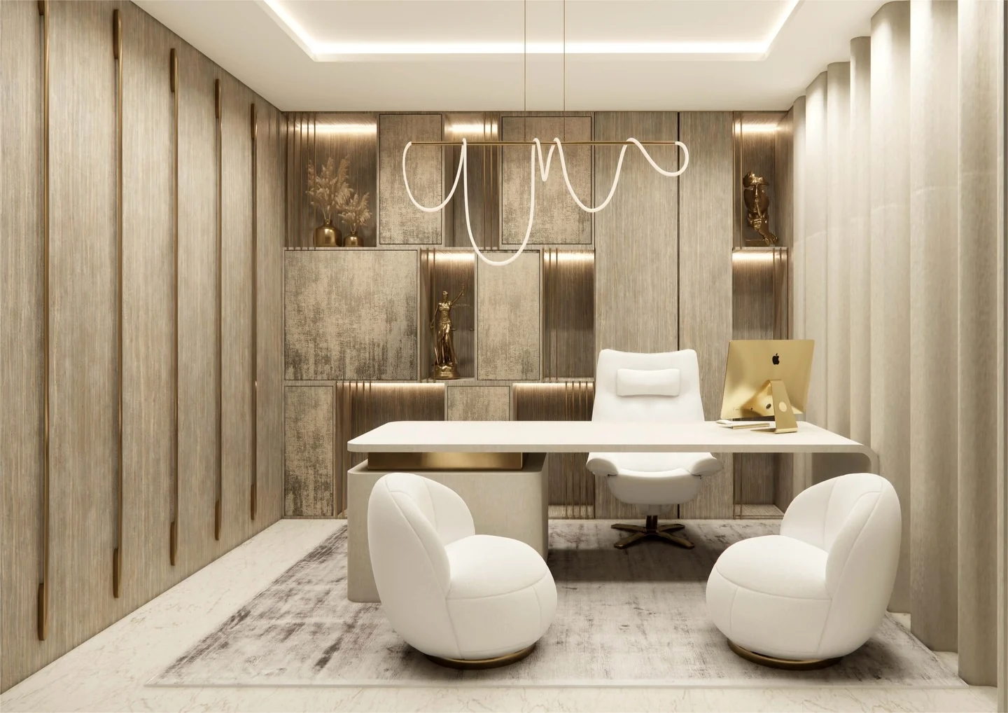 Contemporary office with sculptural furniture and brass accents