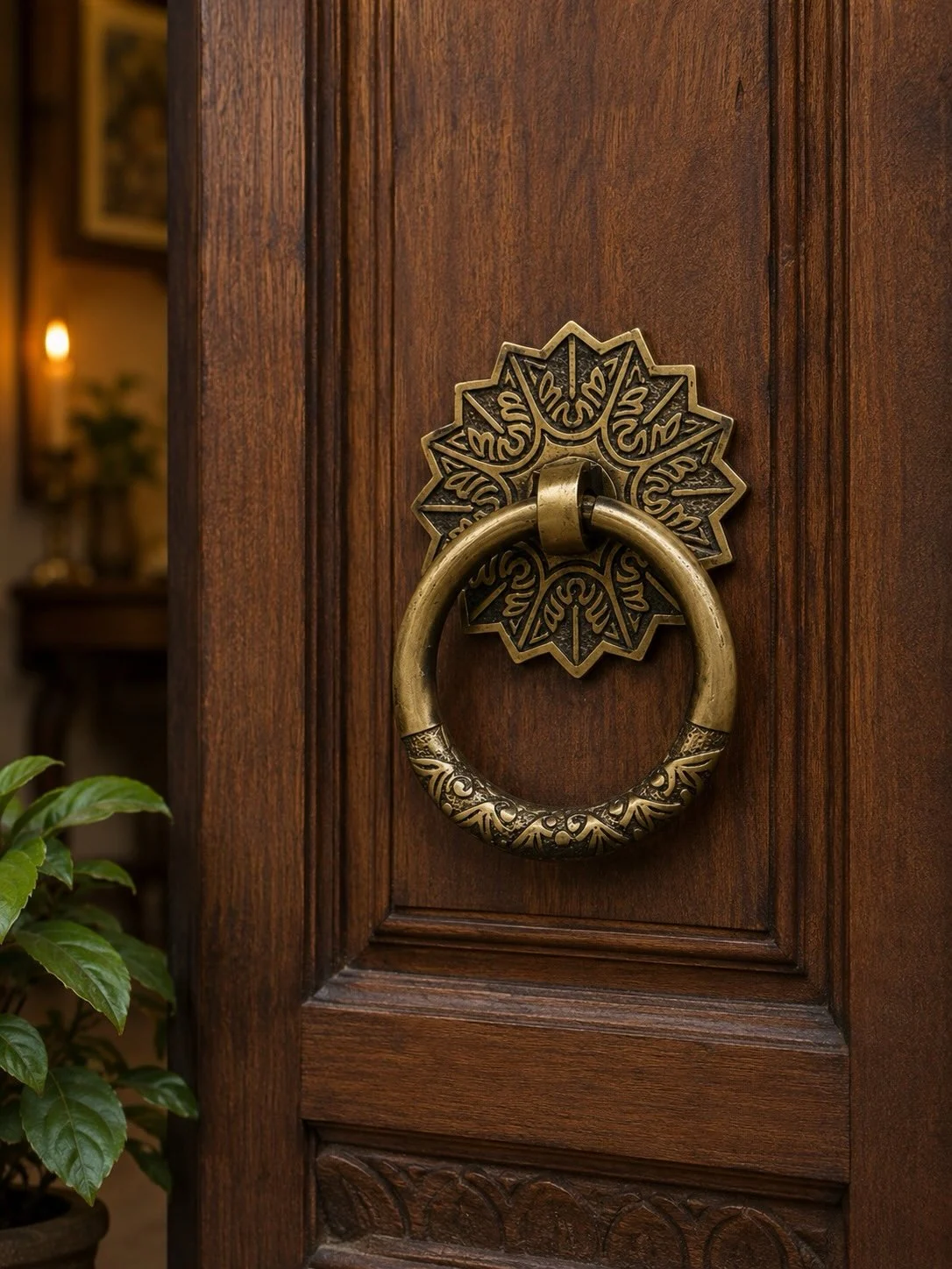 Ornate aged-brass ring knocker mounted on a carved timber door
