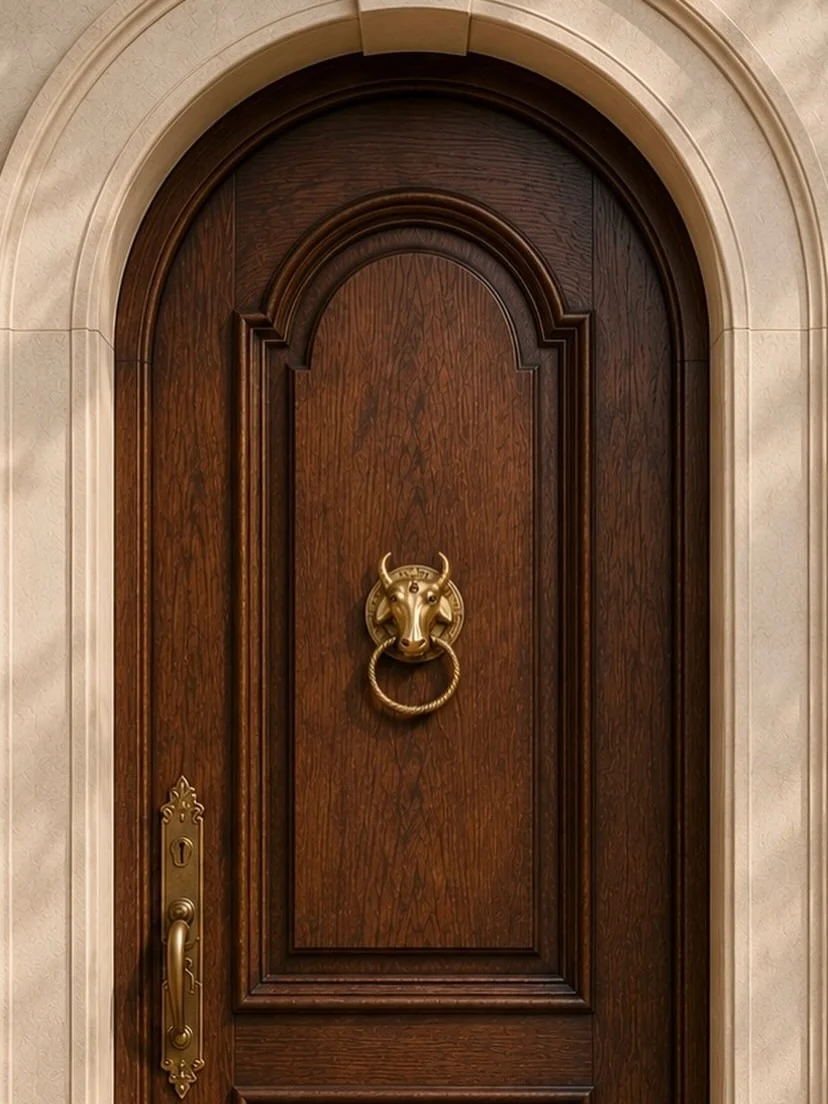 Arched timber door with statement brass knocker