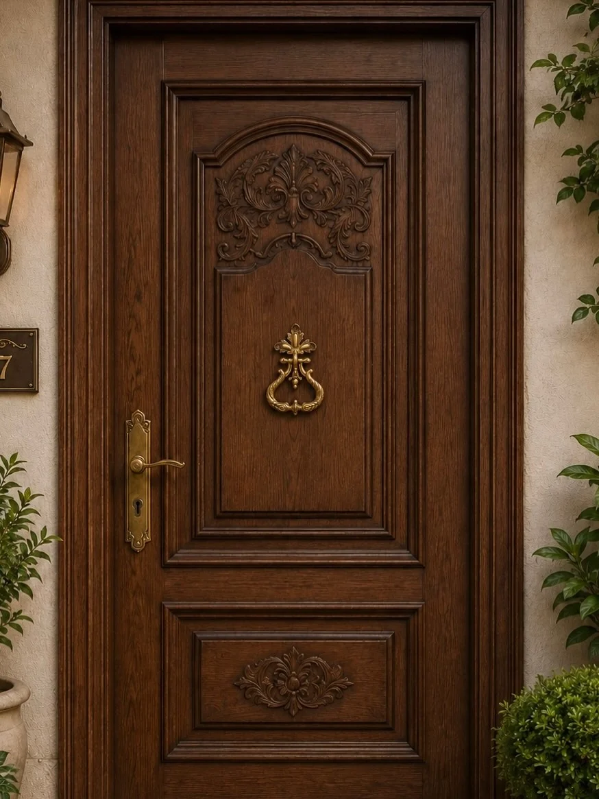 Carved wooden door with an ornate brass knocker
