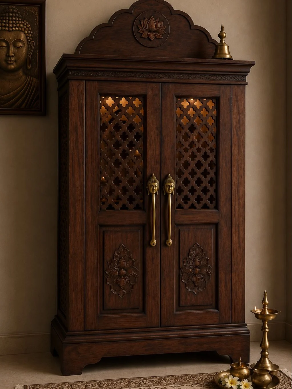 Carved timber cabinet with aged brass pulls