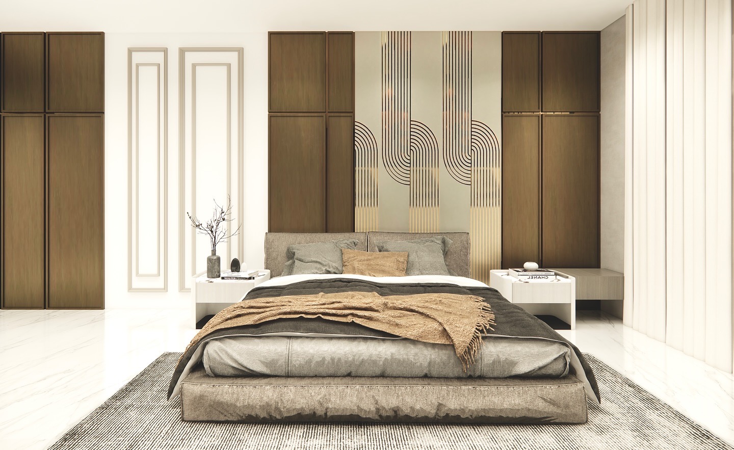 Warm contemporary bedroom with full-height timber wardrobes and patterned brass inlay