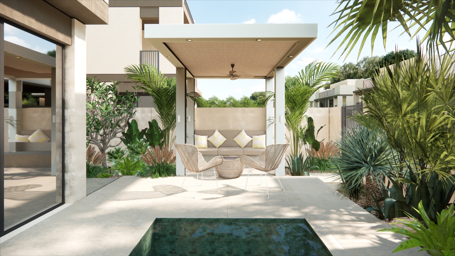 Landscaped courtyard pavilion framed by palms and a reflecting pool