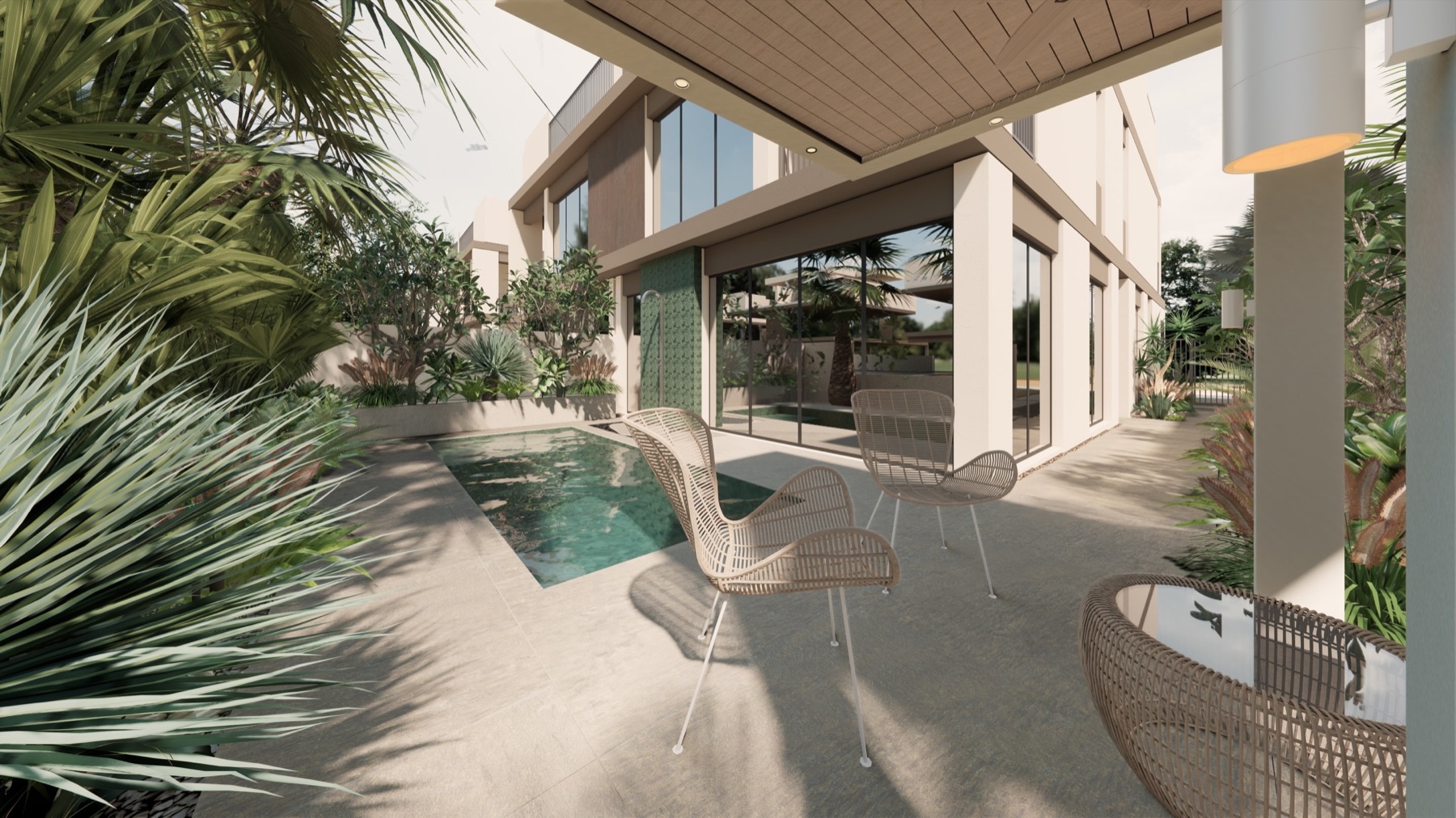 Pool courtyard with layered tropical planting and modern architecture